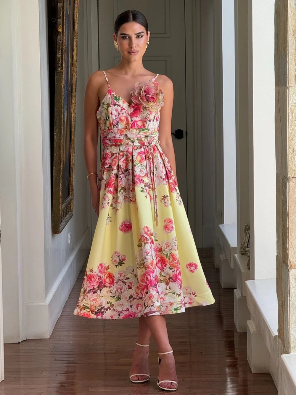 Floral Yellow & Pink Midi Dress with Rose Appliqué